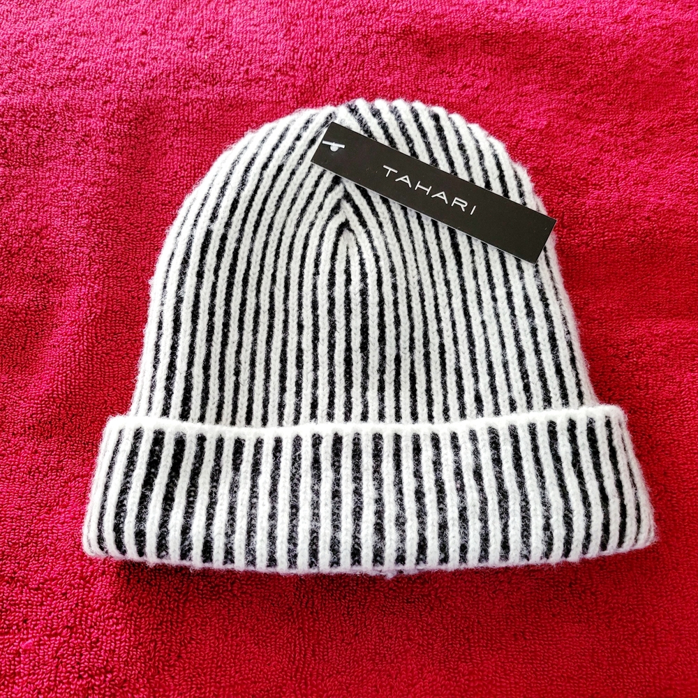 Tahari Monochrome Striped Knit Hat